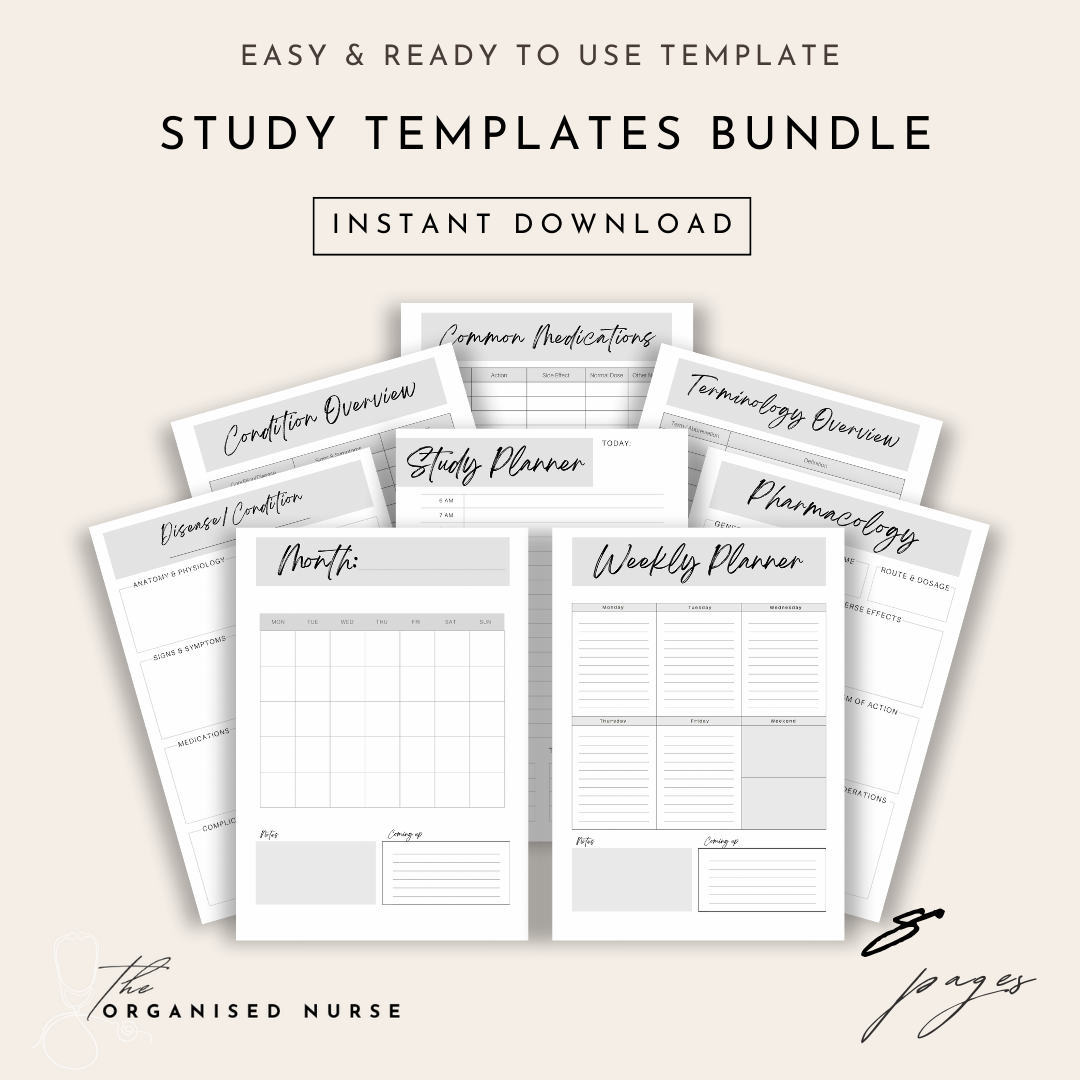 Study Templates Bundle The Organised Nurse
