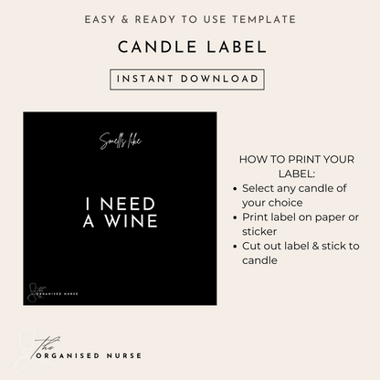 Candle Label 'I Need A Wine'